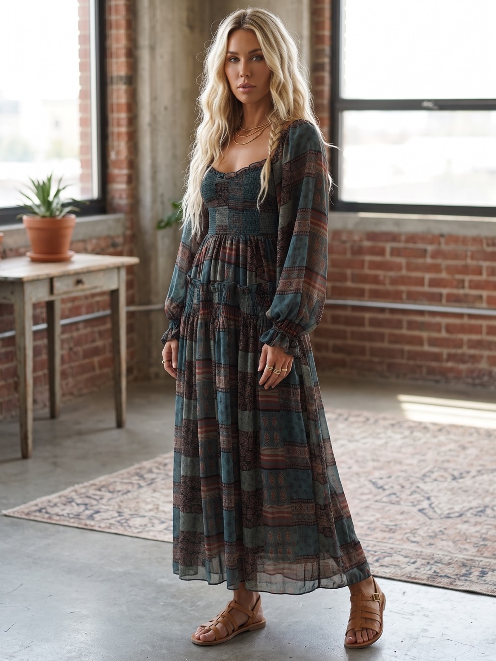 NWT Promesa Patchwork Boho Balloon Sleeve Maxi Dress - Picture 2 of 5
